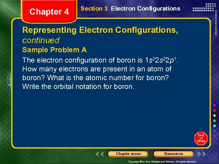 Chapter 4 Section 3 Electron Configurations Representing Electron Configurations, continued Sample Problem A The