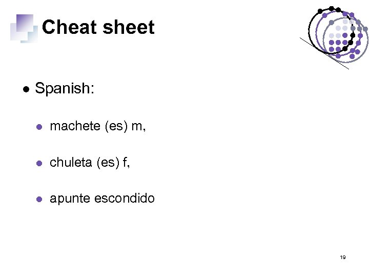 Cheat sheet Spanish: machete (es) m, chuleta (es) f, apunte escondido 19 