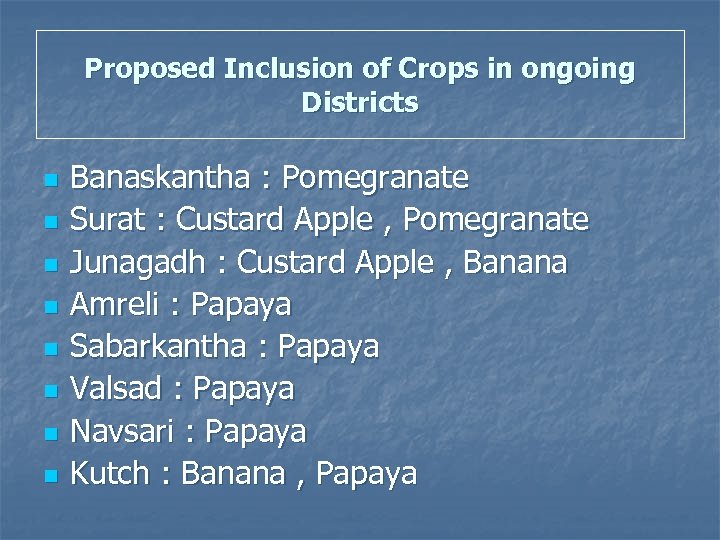 Proposed Inclusion of Crops in ongoing Districts n n n n Banaskantha : Pomegranate