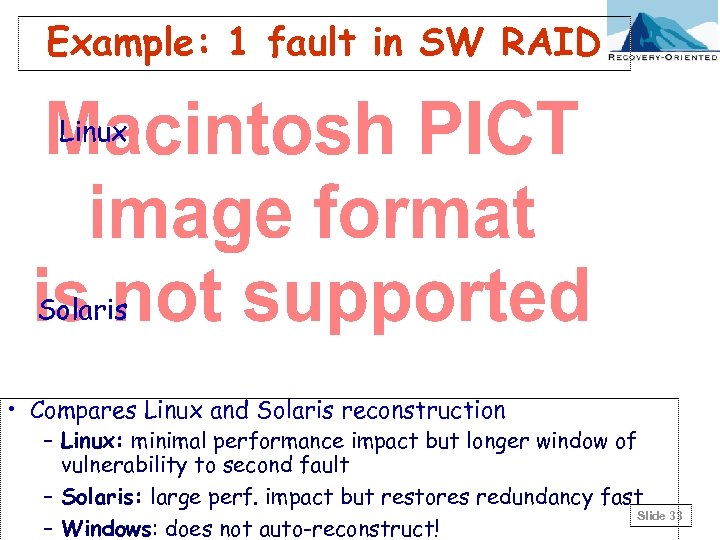 Example: 1 fault in SW RAID Linux Solaris • Compares Linux and Solaris reconstruction