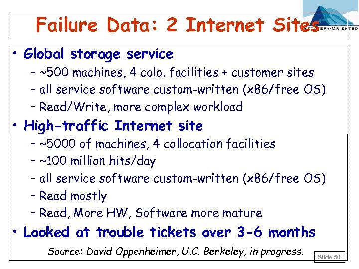 Failure Data: 2 Internet Sites • Global storage service – ~500 machines, 4 colo.
