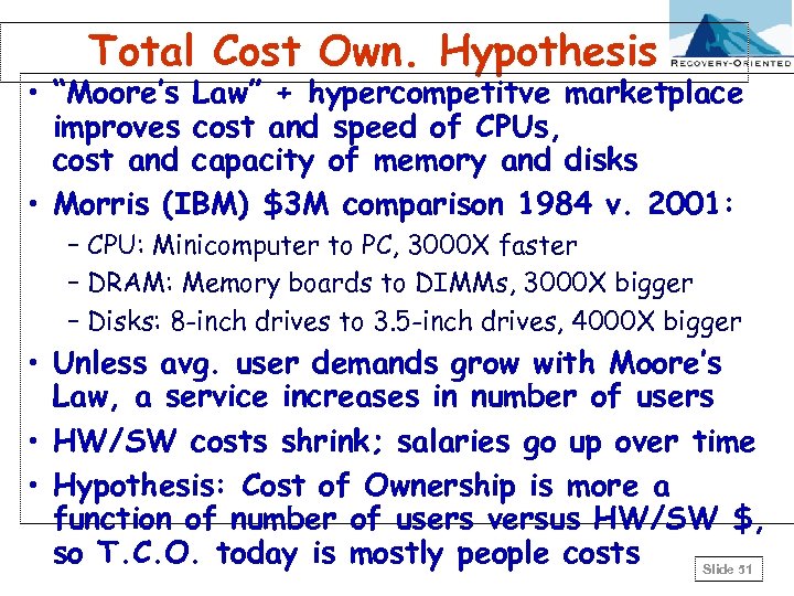 Total Cost Own. Hypothesis • “Moore’s Law” + hypercompetitve marketplace improves cost and speed