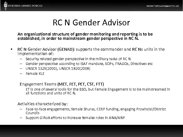 RC N Gender Advisor An organizational structure of gender monitoring and reporting is to