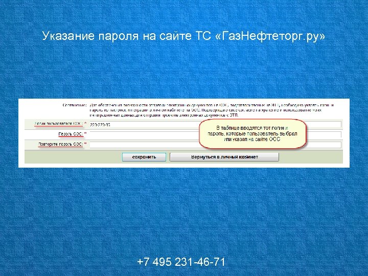 Указание пароля на сайте ТС «Газ. Нефтеторг. ру» +7 495 231 -46 -71 