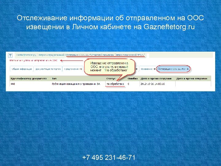 Отслеживание информации об отправленном на ООС извещении в Личном кабинете на Gazneftetorg. ru +7