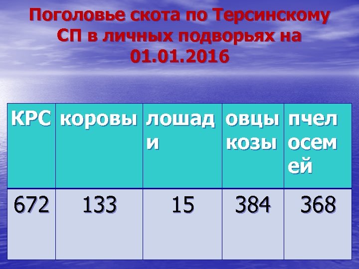 Поголовье скота по Терсинскому СП в личных подворьях на 01. 2016 КРС коровы лошад