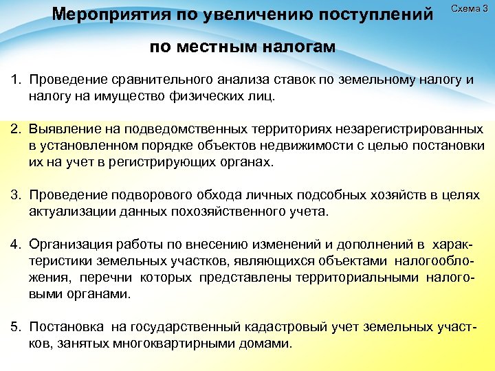 Мероприятия по увеличению поступлений Схема 3 по местным налогам 1. Проведение сравнительного анализа ставок