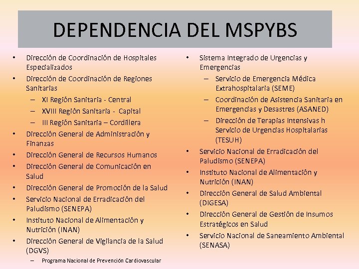 DEPENDENCIA DEL MSPYBS • • • Dirección de Coordinación de Hospitales Especializados Dirección de