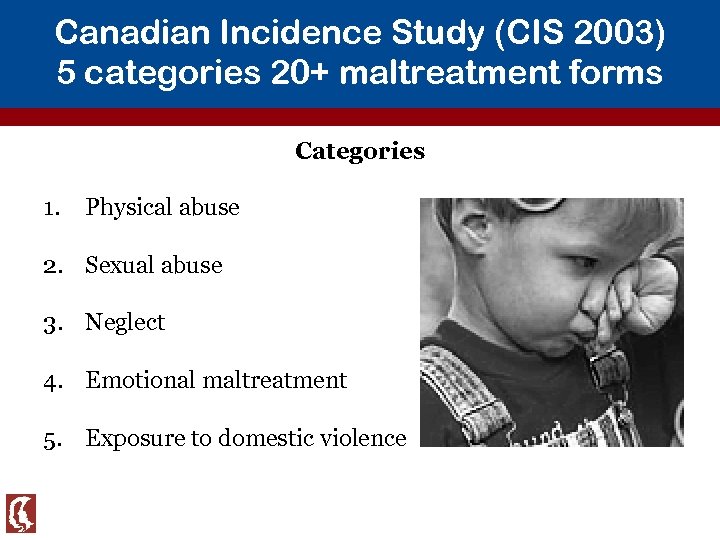 Canadian Incidence Study (CIS 2003) 5 categories 20+ maltreatment forms Categories 1. Physical abuse