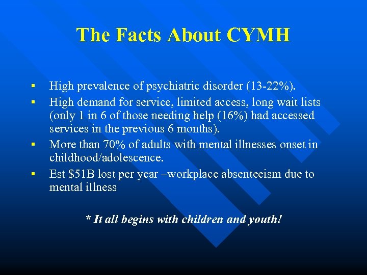 The Facts About CYMH ▪ ▪ High prevalence of psychiatric disorder (13 -22%). High
