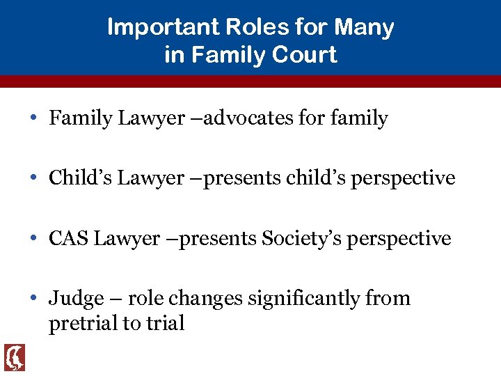 Important Roles for Many in Family Court • Family Lawyer –advocates for family •