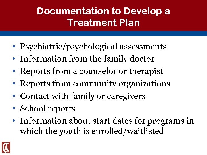 Documentation to Develop a Treatment Plan • • Psychiatric/psychological assessments Information from the family