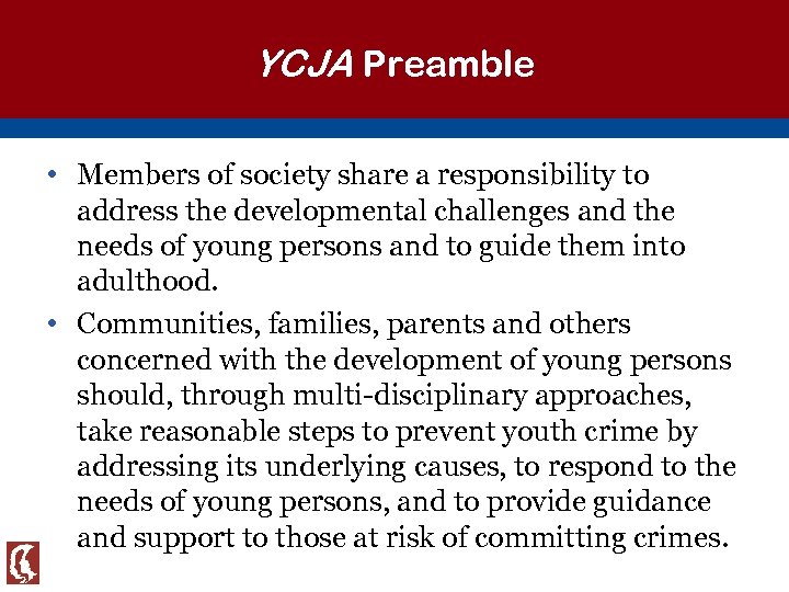 YCJA Preamble • Members of society share a responsibility to address the developmental challenges