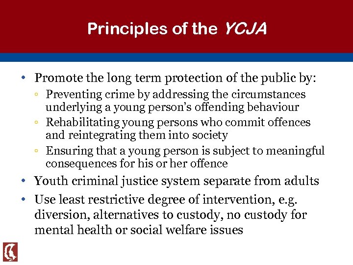 Principles of the YCJA • Promote the long term protection of the public by: