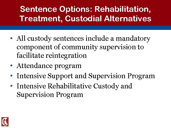 Sentence Options: Rehabilitation, Treatment, Custodial Alternatives • All custody sentences include a mandatory component