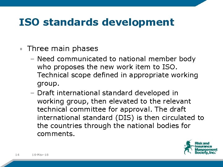 ISO standards development Three main phases – Need communicated to national member body who