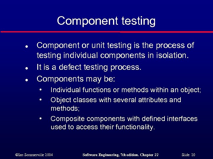 Component testing l l l Component or unit testing is the process of testing