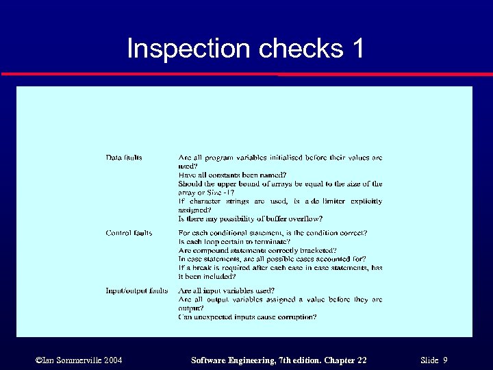 Inspection checks 1 ©Ian Sommerville 2004 Software Engineering, 7 th edition. Chapter 22 Slide