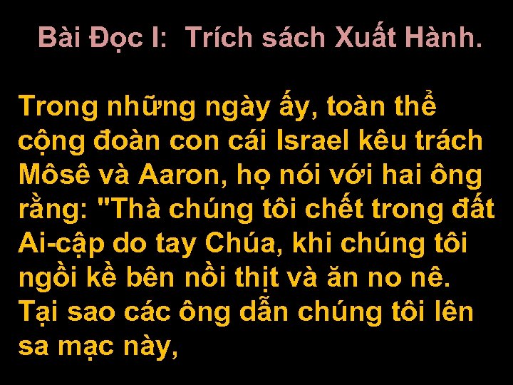Bài Ðọc I: Trích sách Xuất Hành. Trong những ngày ấy, toàn thể cộng
