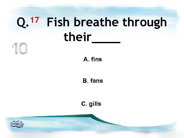 Q. 17 Fish breathe through their____ A. fins B. fans C. gills 