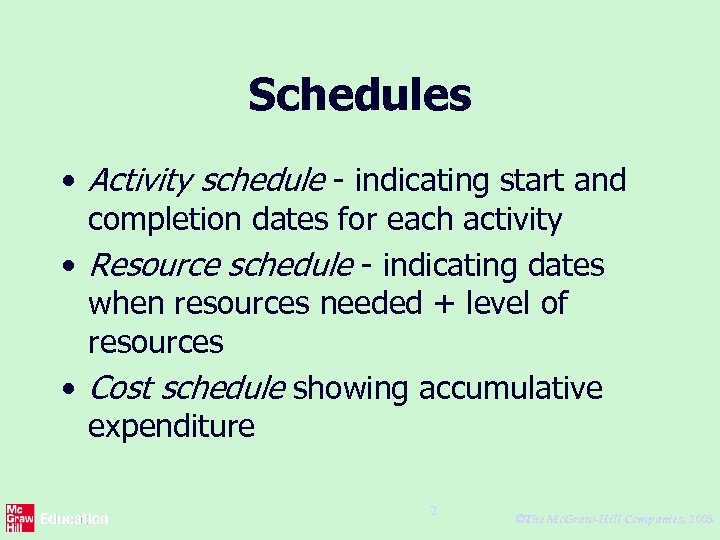 Schedules • Activity schedule - indicating start and completion dates for each activity •