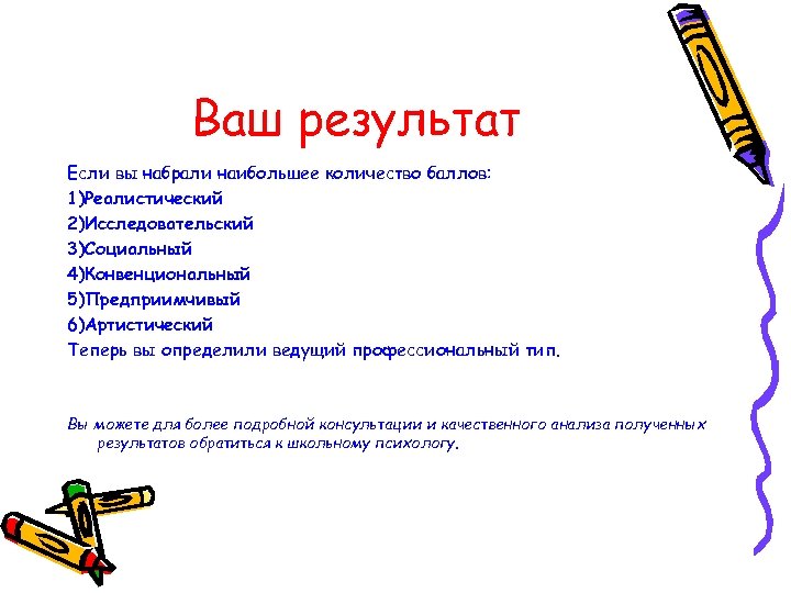 Ваш результат Если вы набрали наибольшее количество баллов: 1)Реалистический 2)Исследовательский 3)Социальный 4)Конвенциональный 5)Предприимчивый 6)Артистический