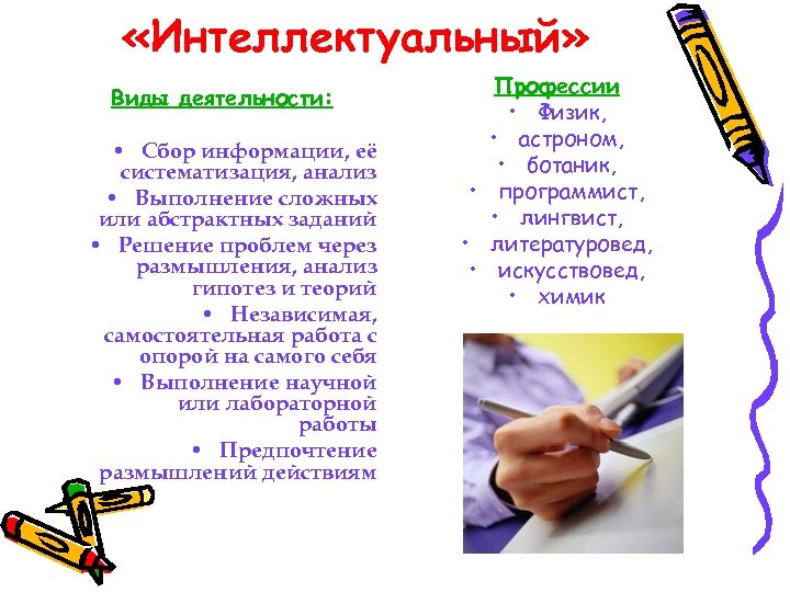  «Интеллектуальный» Виды деятельности: • Сбор информации, её систематизация, анализ • Выполнение сложных или