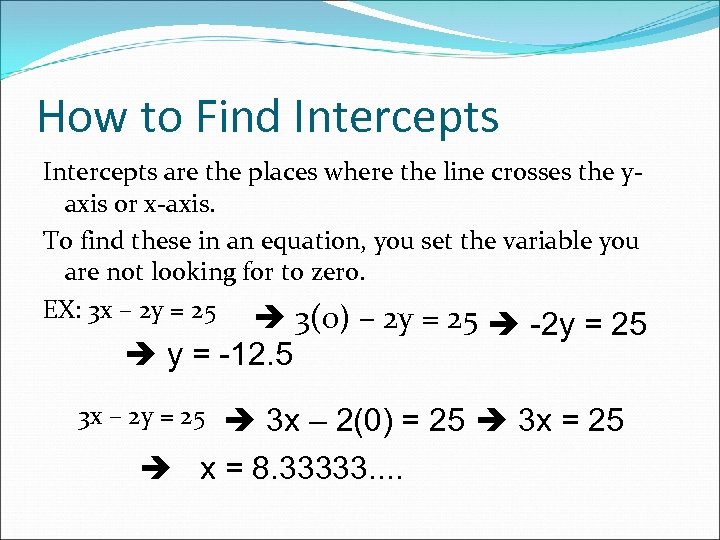 How to Find Intercepts are the places where the line crosses the yaxis or
