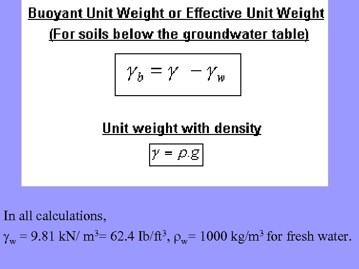 In all calculations, w = 9. 81 k. N/ m 3= 62. 4 Ib/ft