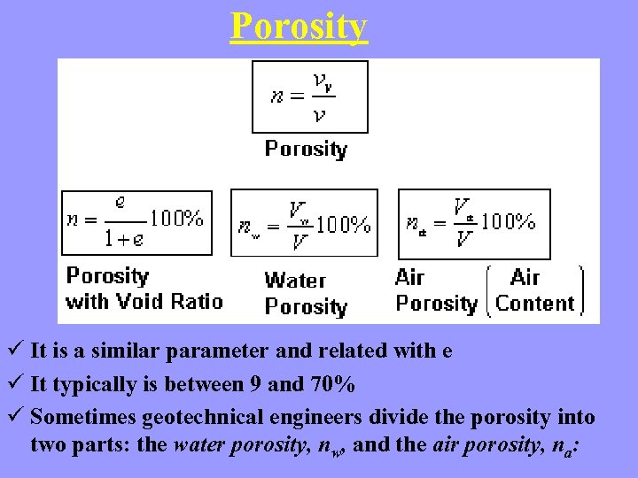 Porosity ü It is a similar parameter and related with e ü It typically