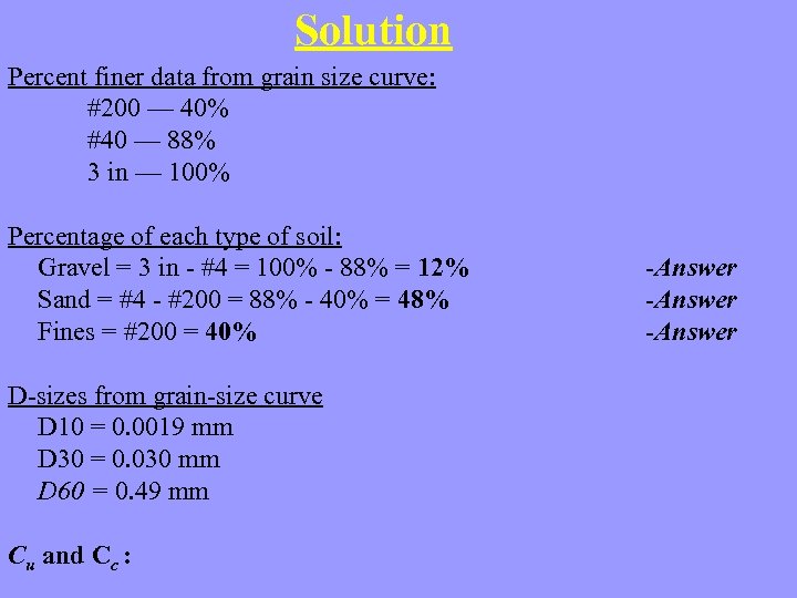 Solution Percent finer data from grain size curve: #200 — 40% #40 — 88%