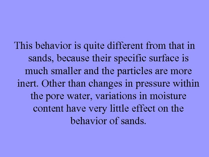 This behavior is quite different from that in sands, because their specific surface is