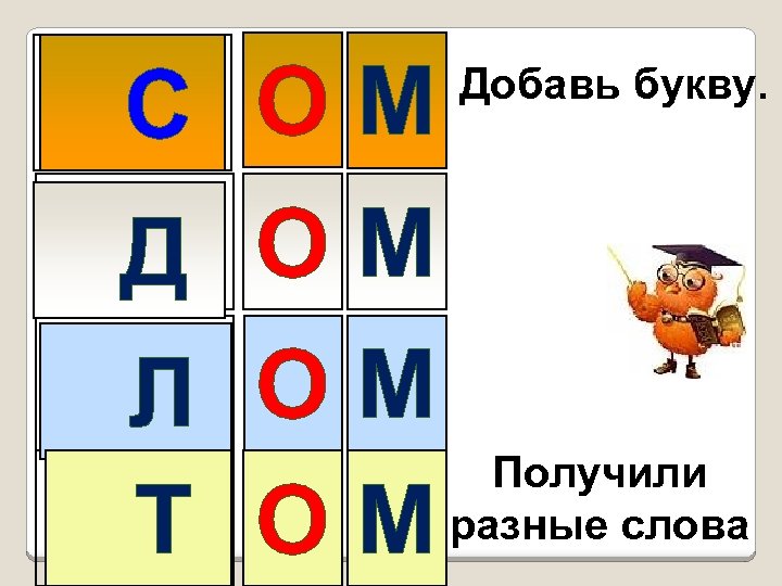 С ОМ Д ОМ Л ОМ Получили Т О М разные слова Добавь букву.