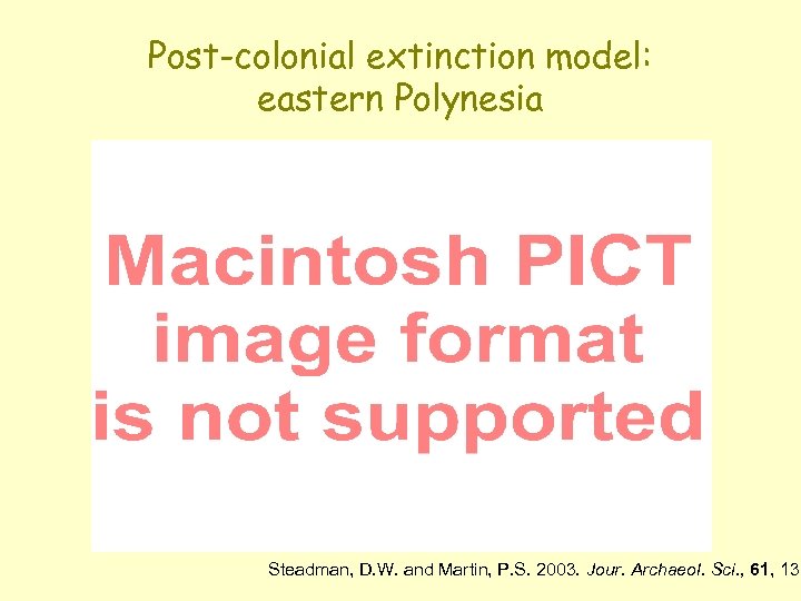 Post-colonial extinction model: eastern Polynesia Steadman, D. W. and Martin, P. S. 2003. Jour.