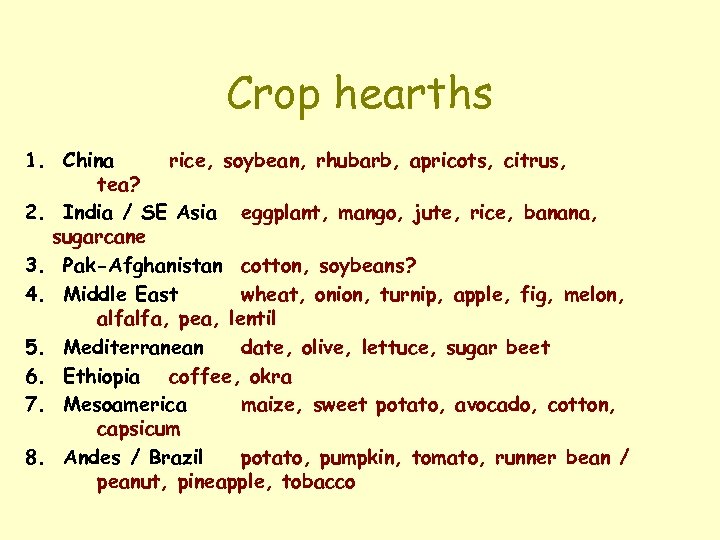 Crop hearths 1. China rice, soybean, rhubarb, apricots, citrus, tea? 2. India / SE