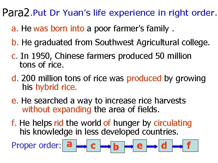 Para 2. Put Dr Yuan’s life experience in right order. a. He was born