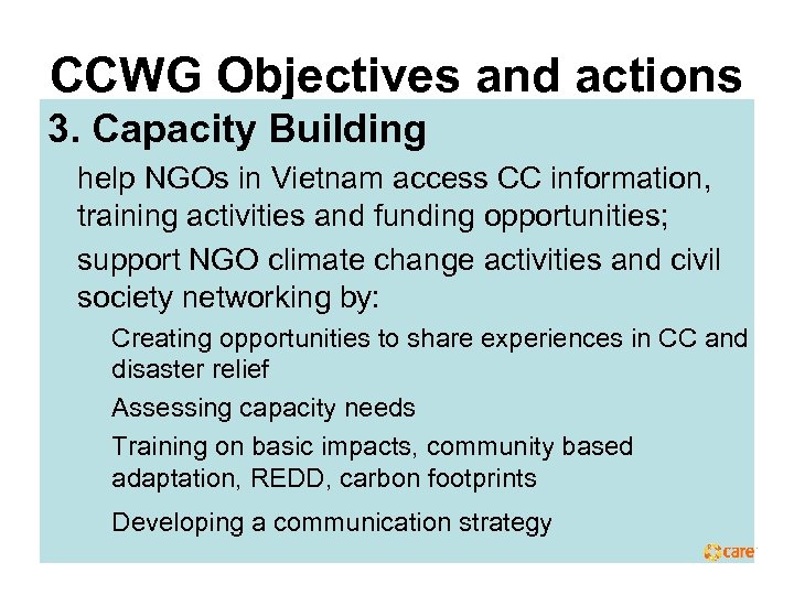 CCWG Objectives and actions 3. Capacity Building • help NGOs in Vietnam access CC