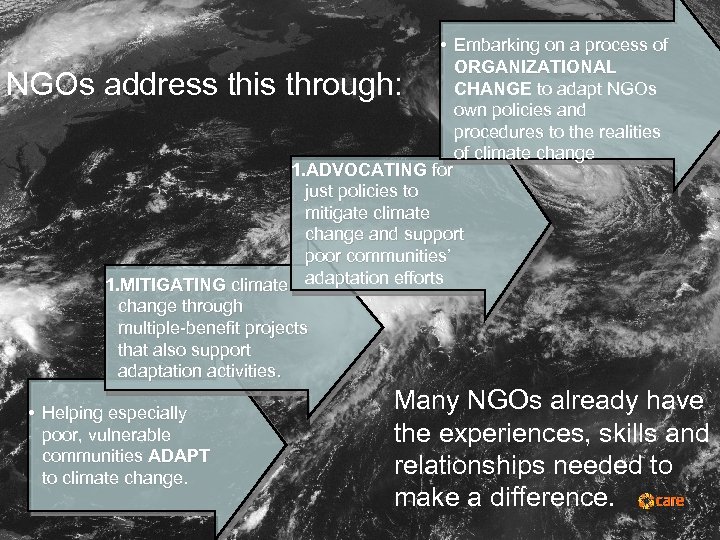  • Embarking on a process of ORGANIZATIONAL CHANGE to adapt NGOs own policies