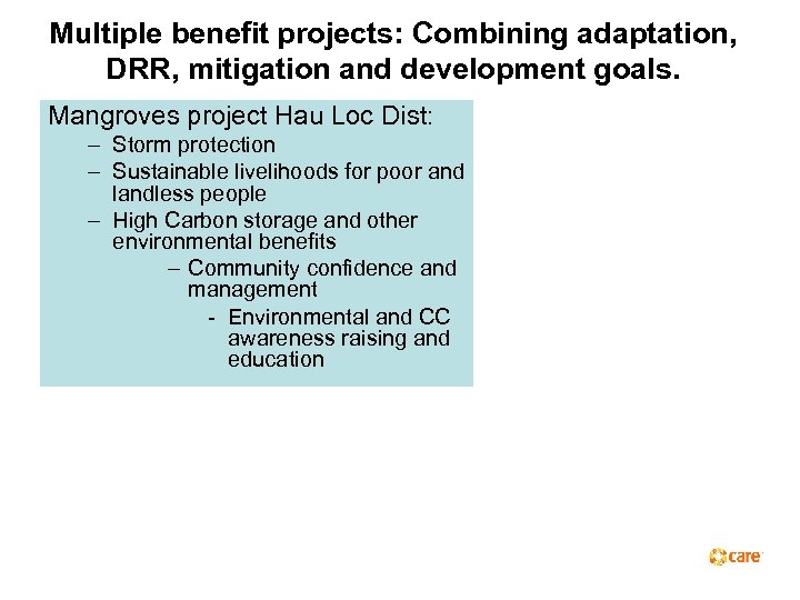 Multiple benefit projects: Combining adaptation, DRR, mitigation and development goals. Mangroves project Hau Loc