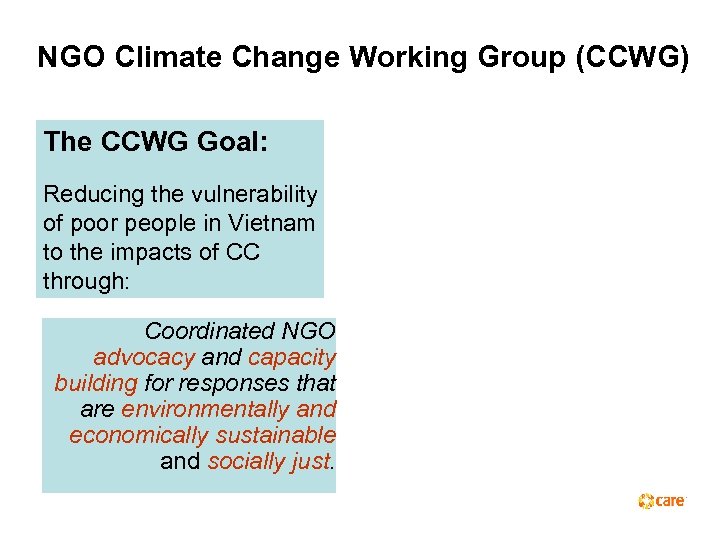 NGO Climate Change Working Group (CCWG) The CCWG Goal: Reducing the vulnerability of poor