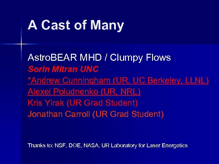 A Cast of Many Astro. BEAR MHD / Clumpy Flows Sorin Mitran UNC *Andrew