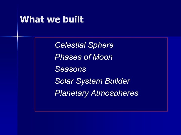 What we built Celestial Sphere Phases of Moon Seasons Solar System Builder Planetary Atmospheres