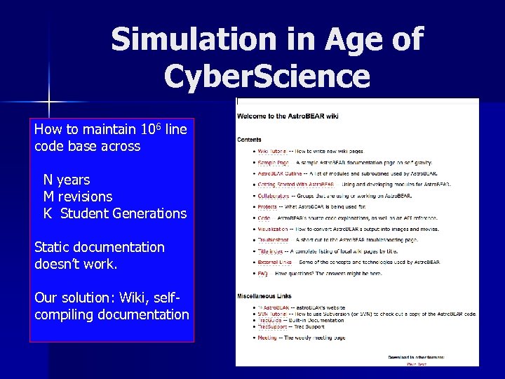 Simulation in Age of Cyber. Science How to maintain 106 line code base across