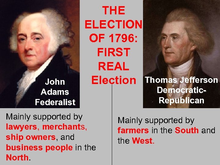 John Adams Federalist THE ELECTION OF 1796: FIRST REAL Election Thomas Jefferson Mainly supported