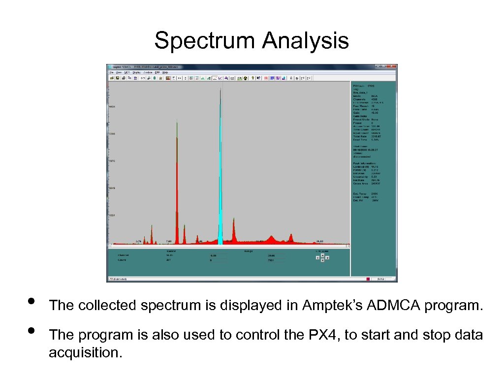 Spectrum Analysis • • The collected spectrum is displayed in Amptek’s ADMCA program. The