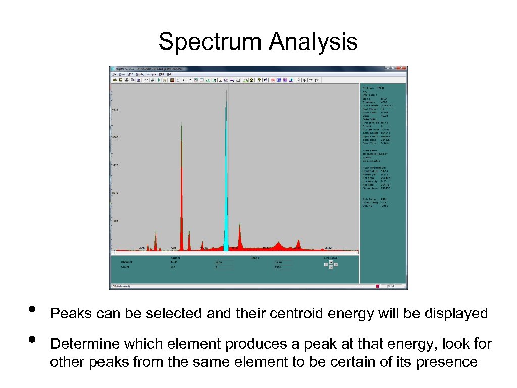 Spectrum Analysis • • Peaks can be selected and their centroid energy will be