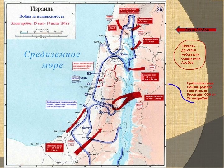 Атаки Арабов Область действия небольших соединений Арабов Приблизительные границы раздела Палестины по Резолюции ООН
