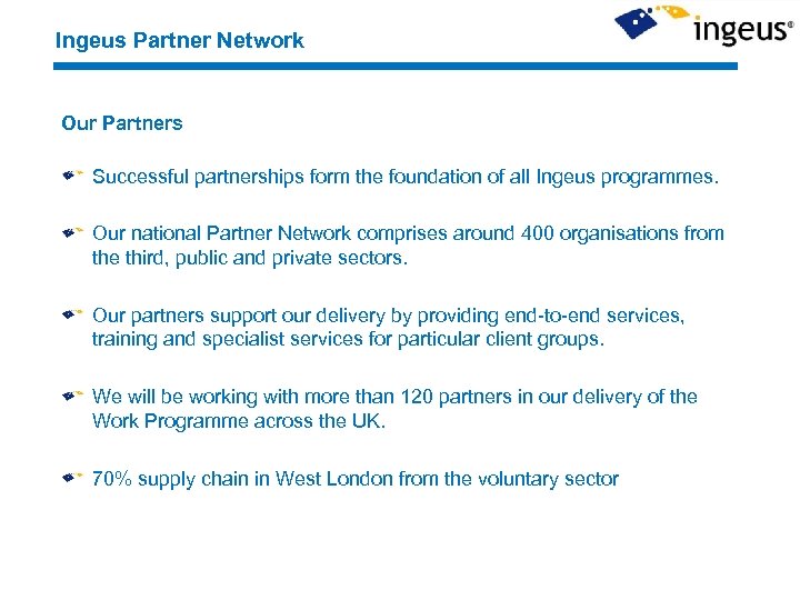 Ingeus Partner Network Our Partners Successful partnerships form the foundation of all Ingeus programmes.