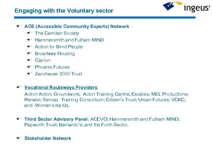 Engaging with the Voluntary sector ACE (Accessible Community Experts) Network The Camden Society Hammersmith