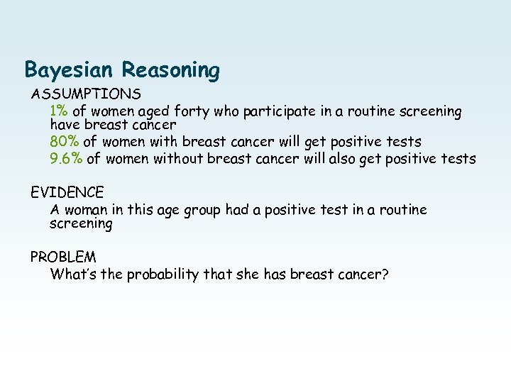 Bayesian Reasoning ASSUMPTIONS 1% of women aged forty who participate in a routine screening